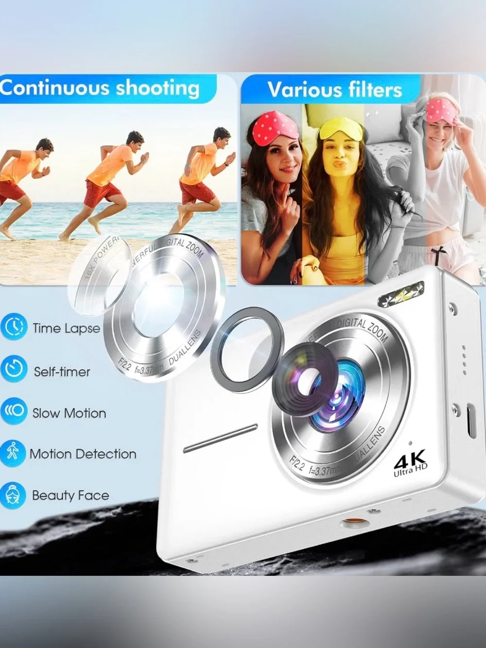 4K Digital Camera, 64MP Autofocus Vlogging Camera with Dual Lens, White